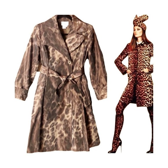 Charles Gray London Leopard Flare Belted Long Sleeve Trench Coat Women's Size M
